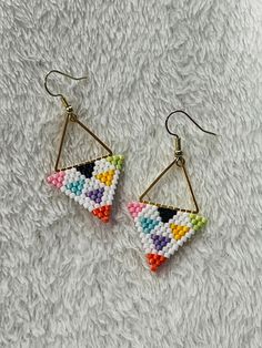 Lightweight Everyday Multicolor Handmade Earrings, Beaded Triangle Earrings For Gifts, Triangle Beaded Earrings For Gifts, Multicolor Dangle Earrings For Everyday, Everyday Multicolor Dangling Beads Earrings, Everyday Multicolor Dangle Earrings, Multicolor Dangle Earrings, Multicolor Drop Earrings For Everyday, White Triangle Earrings For Gift