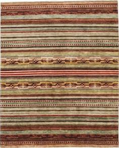 a multicolored rug with stripes and designs