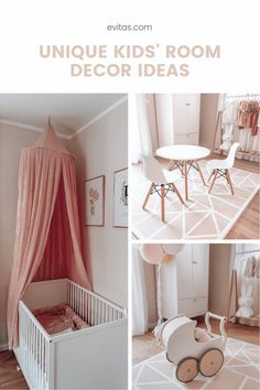 a baby's room with pink and white decor, including a crib bed