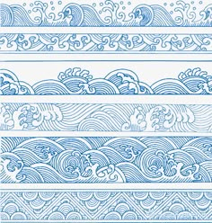 four blue and white lines with waves in the middle, on top of each other