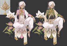 two anime characters sitting next to each other with flowers in their hands and one holding a flower