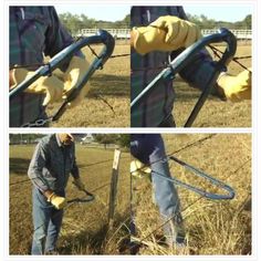 two pictures of men in yellow gloves working on a wire fence and pulling it over