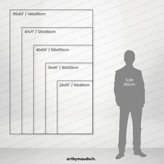 a man standing in front of a white wall with the measurements for his coat and pants