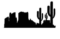 a black and white silhouette of the desert with cacti on it's sides