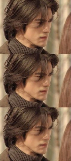 three different shots of a man with long hair and wearing a turtle neck sweater, looking to the side