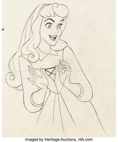 an animation drawing of princess aurora from the disney movie, sleeping beauty with her arms around her chest