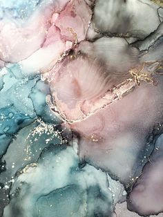 an abstract painting with blue, pink and gold colors on it's surface that looks like marble