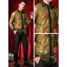 The see through sequin shirts add a touch of sparkle and cool, making your outfit stand out from the crowd. Pair the sparkle sequins shirts with black pants, jeans, or metallic jackets for a unique and eye-catching look. The sequins shirts are a great choice for nightclubs, parties, or other night events. Gold Long Sleeve Party Shirt, Gold Shirt For Fall Party, Winter Party Slim Fit Tops, Sequin Shirt For Fall Night Out, Fall Night Out Sequin Shirt, Fall Sequin Shirt For Night Out, Long Sleeve Sequin Shirt For Fall, Slim Fit Shirt For Summer Party, Fitted Disco Shirt For Party Season