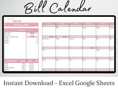 a printable calendar with the words instant excel google sheets in pink and black on it