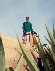 a woman standing on top of a large rock next to green plants and blue sky