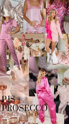 the collage shows women in pink and white pajamas, with champagne glasses on them