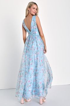 Lulus Blue Floral Dress, Pink And Blue Floral Dress, Light Blue Floral Bridesmaid Dresses, Blue Floral Bridesmaid Dresses, Organza Maxi Dress, Mog Dresses, Floral Dress Wedding Guest, Pastel Floral Dress, Wedding Guest Outfit Spring