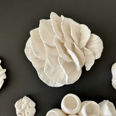 some white vases sitting on top of a black table next to flowers and leaves