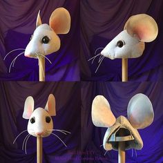 four images of a mouse head on top of a wooden pole with three different angles