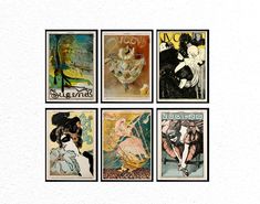 four different art nouveau style postcards in black and white