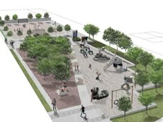 an artist's rendering of a park with children playing in the playground and people walking around