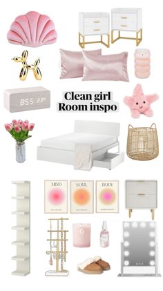 a collage of pink and white items with the words clean girl room inspo