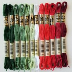 12 beautiful skeins of DMC cotton hand embroidery thread. Dmc Christmas Palette, Dmc Floss Chart, Embroidery Floss Crafts, Chevron Friendship Bracelets, Modern Hand Embroidery Patterns, Cross Stitch Floss, Holiday Embroidery, Cross Stitch Thread, Dmc Embroidery