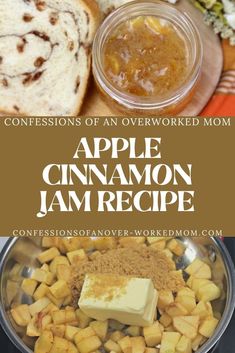 an apple cinnamon jam recipe is shown in this collage