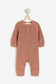 Rib-knit Jumpsuit - Dark beige - Kids | H&M US Long Sleeve Jumpsuits And Rompers For Fall Playtime, Fall Long Sleeve Bubble Romper For Playtime, Brown Cotton Winter Jumpsuits And Rompers, Casual Fall Bodysuit For Playtime, Solid Onesie For Playtime In Fall, Cotton Long Sleeve Onesie With Buttons, Cotton Long-sleeve Onesie With Buttons, Cotton Jumpsuits And Rompers With Buttons For Fall, Long Sleeve Cotton Onesie With Buttons