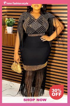 knowfashionstyle Black V-neckline Fringe Trim Geometric Gold Hot Drill Waist with Belted Fringe Hem Bodycon Plus Size Cocktail Party Maxi Dress Plus Size Glamour, Gold Dress Formal, Bodycon Plus Size, Plus Size Cocktail, Bodycon Dress Formal, Party Maxi Dress, Party Gown, Maxi Dress Online, Plus Size Maxi