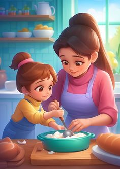 a mother and daughter are cooking together in the kitchen illustration for children's books