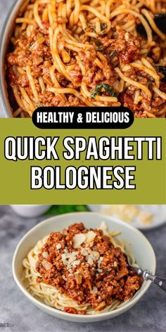 quick spaghetti bolognzoe recipe in a bowl with the title text overlay reads healthy and delicious quick spaghetti bolognzoe