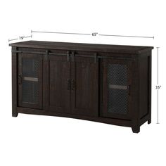 the sideboard with doors is shown in dark brown wood and features metal mesh panels