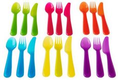 colorful plastic forks and spoons are shown in this image, with different colors on them