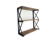 a wooden shelf with two shelves on each side and one shelf below the shelf is made out of metal