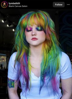 Glitch Hair Color, Vivid Hair Color Shag, Lisa Frank Hair, Colored Strands Of Hair, Hidden Rainbow Hair, Aurora Hair, Style My Hair, Vivid Hair, Haircut Inspo