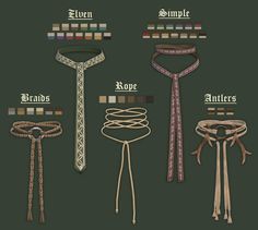 four different types of ties are shown in this image, with the names on them