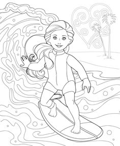 a cartoon girl riding a surfboard in the ocean with waves and palm trees behind her