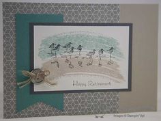 a close up of a greeting card with birds on the beach and words happy retirement