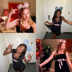 four different pictures of a woman dressed up as minnie mouse and mickey mouse ears, in various poses