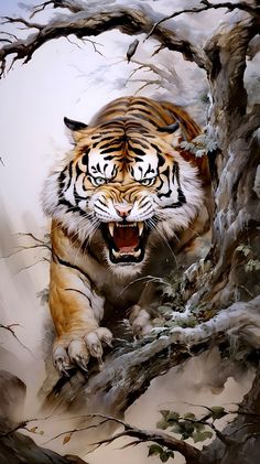 a painting of a tiger in a tree with it's mouth open and teeth wide