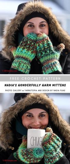 two photos of a woman wearing mittens and holding a cup