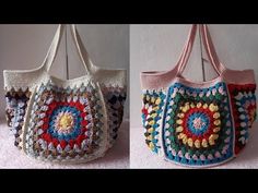 two crocheted bags hanging from hooks, one with a multicolored design