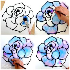 the process of painting a flower with watercolors is shown in three different stages