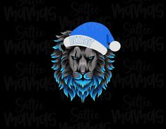 a lion wearing a blue santa hat with the word detroit on it's face