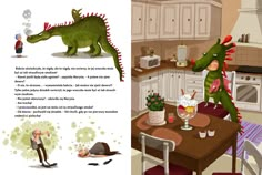 an open book with pictures of people in the kitchen and dinosaurs eating food on the table