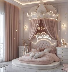 a bedroom decorated in pink, white and gold