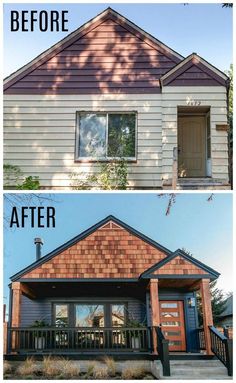 before and after pictures of a house that has been painted white with brown shingles