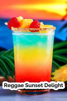 a colorful drink with fruit on the rim