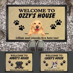 a welcome mat with a dog and paw prints on it