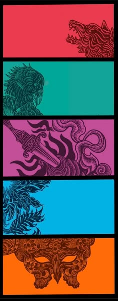 four different colored banners with dragon heads on them