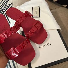 Comes With Original Box & Duster Bag Gucci Designer Sandals With Red Sole, Gucci Red Open Toe Sandals, Flat Gucci Sandals With Red Sole, Luxury Red Sandals For The Beach, Casual Red Gucci Sandals, Luxury Red Beach Sandals, Red Gucci Sandals For The Beach, Elegant Red Gucci Sandals, Designer Red Sandals For The Beach