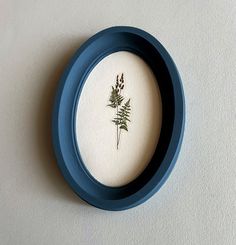 a blue frame with some plants in it on the wall next to a white wall