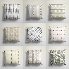 six different types of decorative pillows in various patterns and sizes, all on white background