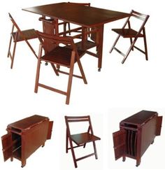 four different types of folding chairs and tables with drawers on each side, all in various positions